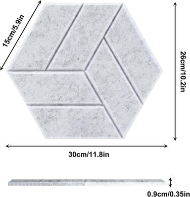 Акустичні гексагонні панелі самоклеючі, звукопоглинаючий пінопласт для стін у студію, офіс та ігрову кімнату, сірі (30x26x0.9 см), 12 шт.