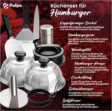 Набір для приготування Smash Burger: прес для бургерів, 2 форми для сиру, лопатка та шампури для гриля – ідеальний подарунок для чоловіків та любителів гриля (9 шт., чорний)