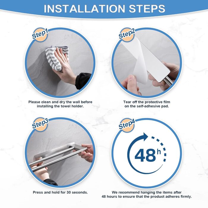 Тримач для рушників без свердління, подвійний, з нержавіючої сталі 304, з двома ручками, самоклеючий, для ванної кімнати та кухні, срібний