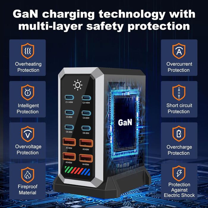 Зарядний пристрій USB 240W, 6 портів: 4xUSB + 2xUSB-A для MacBook Pro/Air, iPad, iPhone 15 Pro, Samsung (швидка зарядка)