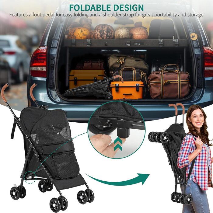 Візок для собак YITAHOME - чорний, до 11,3 кг, з сіткою, тримачем для напоїв, кошиком та переноскою