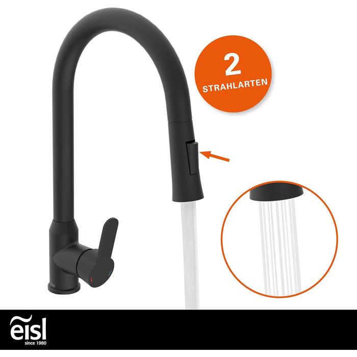 Кран кухонний гнучкий EISL Flexo з нержавіючої сталі/чорний, 360° обертання, високий вилив, Soft-Touch шланг, 2 функції, NI186FLNIB