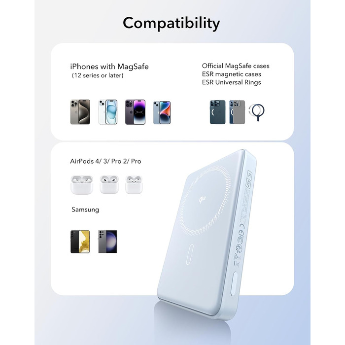 Power Bank ESR MagSafe 10000mAh з бездротовою зарядкою Qi2, 15W, USB-C, для iPhone та Google Pixel, білий