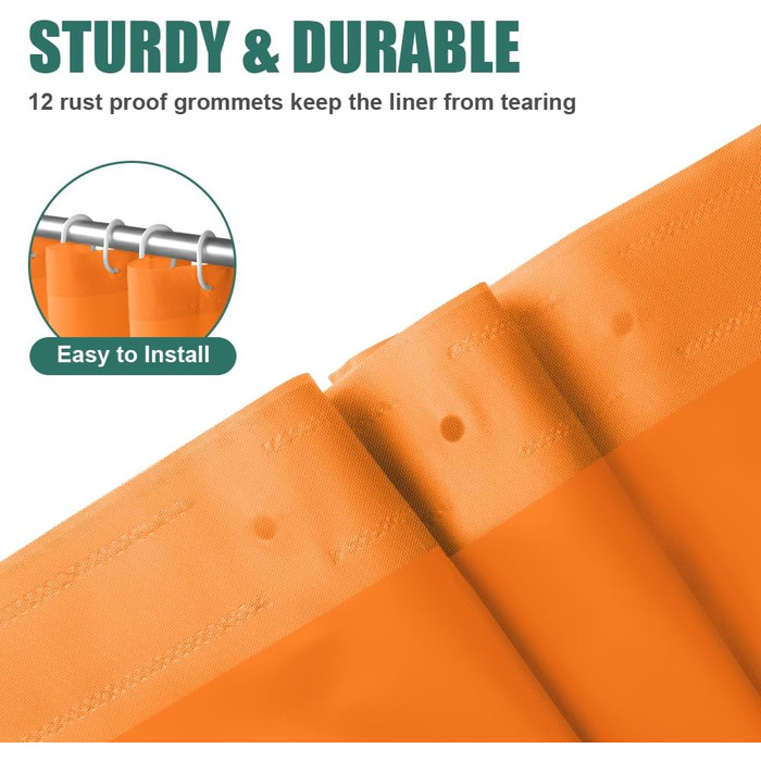 Шторка для душу URAQT, антибактеріальна, водонепроникна, швидковисихаюча, PEVA, 180x180 см, 12 прищіпок, білий/оранжевий