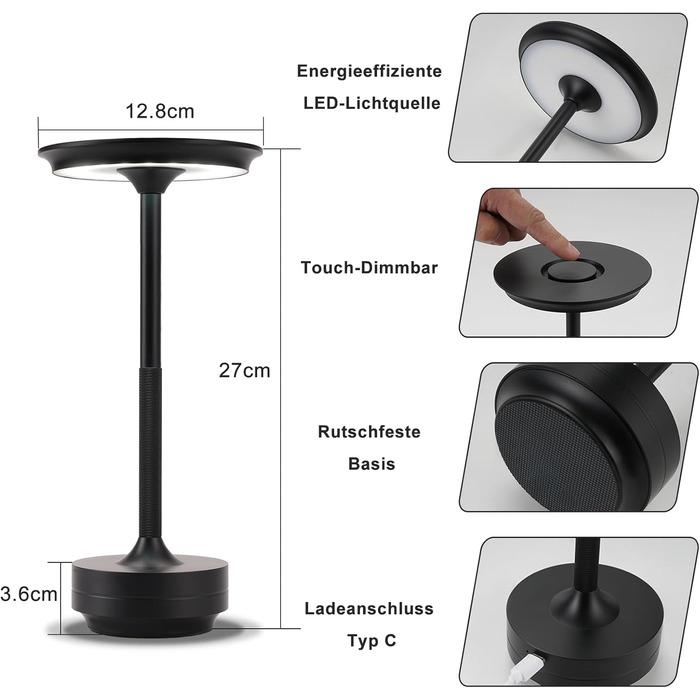 Бездротова настільна лампа - LED лампа на акумуляторі, торшери з сенсорним керуванням, диммуванням, USB зарядкою, 2 шт. (1 шт., чорний)