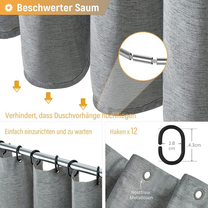 Штора для душу BTTN з льону 180x200 см, сіра, антигрибкова, з гачками, поліестер