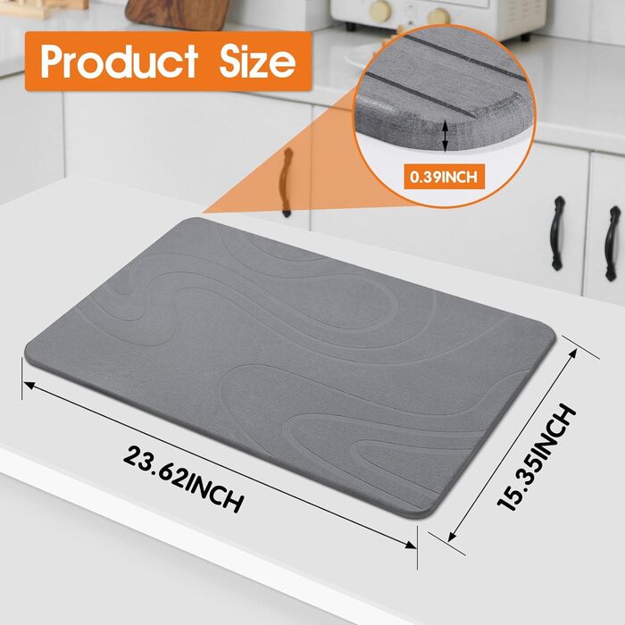 Підставка для сушіння посуду Snuggery, 61 x 40.6 см, сіра, з кремнеземом, швидковисихаюча, антиковзаюча