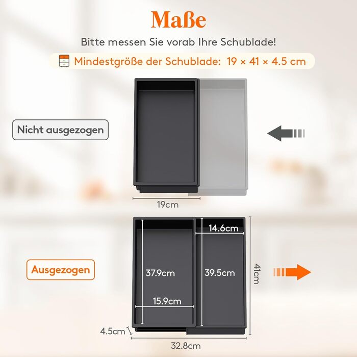 Органайзер для столових приладів Lifewit в шухляду, розширюваний (43.9 см), чорний, 40 см глибина, для кухні, ложок, ножів, лопаток