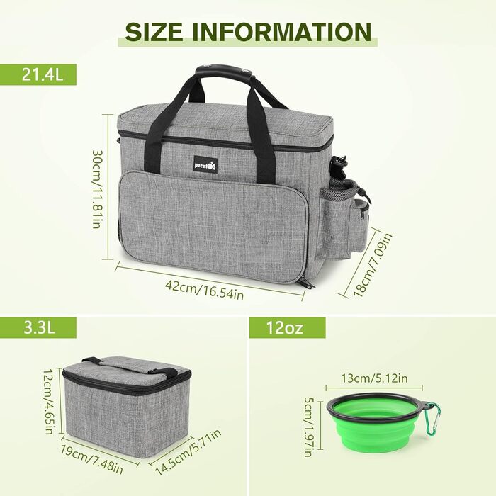 Переносна сумка для собак Pecute, велика переносна сумка для тварин, з 2 кишенями та 2 мисками для собак, сумка для подорожей з собакою, для поїздок, кемпінгу або щоденних прогулянок, сірого кольору 42 * 18 * 30 см, Класична L (42*30*18 см)
