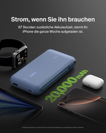 Зовнішній акумулятор Belkin BoostCharge 20K PD 30W з вбудованим кабелем USB-C, Power Bank для iPhone 16, iPad Pro, Samsung Galaxy S25, синій