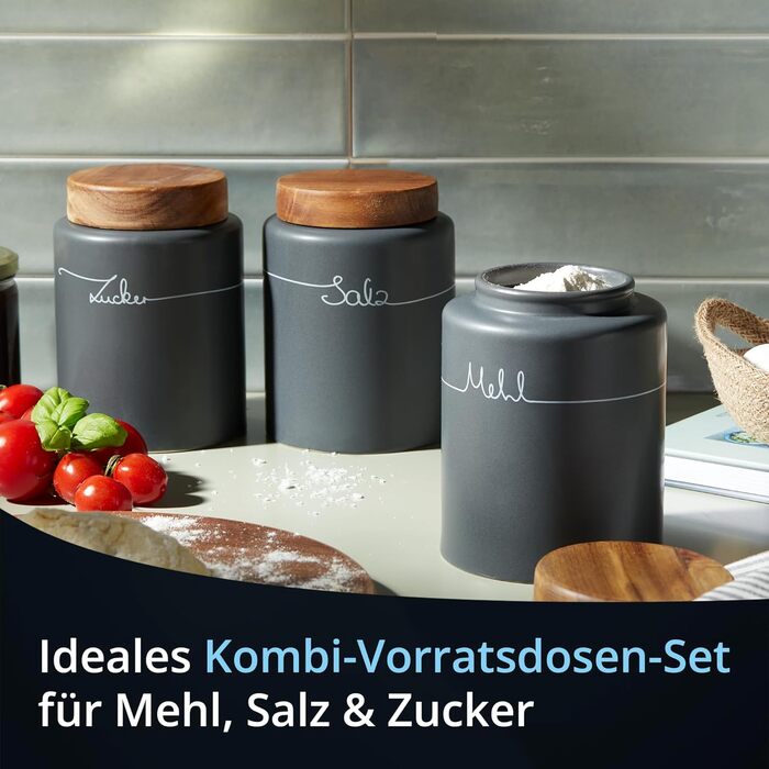 Набір контейнерів для зберігання KHG для кухні антрацитово-сірого кольору з дерев'яними кришками, контейнери для продуктів з кераміки, з маркуванням, набір органайзерів для кухні, без пластику та світлонепроникні (набір для борошна, солі, цукру)