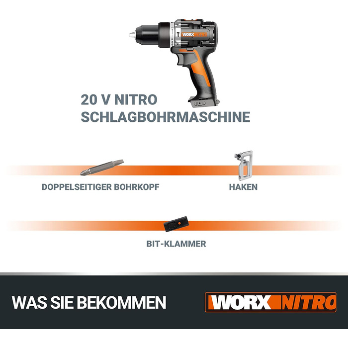 WORX NITRO WX352 акумуляторний ударний дриль-шуруповерт Set 20V - безщітковий двигун - для шурупування, свердління та ударного свердління - 60Nm - 2-швидкісна коробка передач & LED-підсвічування - в комплекті 2x20V 2Ah акумулятори & 2A швидке заряджання (