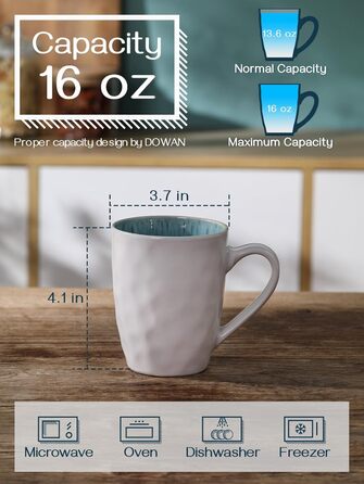 DOWAN Polar Glacier Coffee Mug Set - 6 x 470 ml Modern Stoneware Mug - Large Coffee Mug - Microwave and Dishwasher Safe - Matte White Porcelain Coffee Cups