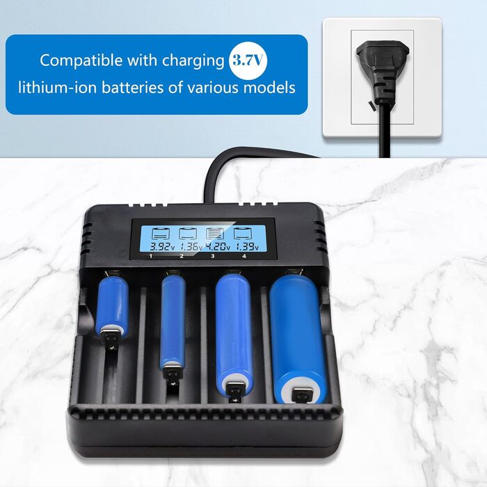 Зарядний пристрій для акумуляторів Li-Ion з LCD-дисплеєм: швидка зарядка 4 слоти, сумісний з 26650/18650/14500/16340