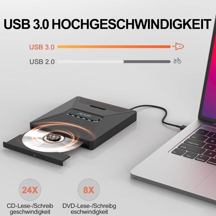 Зовнішній DVD/CD привід Alxum USB-C 3.0 для ноутбука з картридером SD/TF та додатковим USB-портом, Plug & Play для Windows, Linux, Mac OS