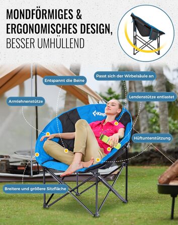 Крісло для кемпінгу KingCamp Moonchair XXL: зручне, м'яке, для відпочинку на природі, саду, риболовлі. Макс. 205 кг, з кишенею для напоїв та високою спинкою (Блакитний)