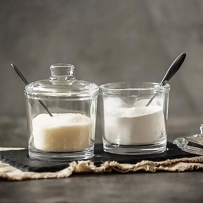 2-piece classic clear glass sugar bowl set with lid, serving spoon, salt shaker, pepper container, spice jar, dispenser, container, sugar bowl, spice racks, holder for home, kitchen
