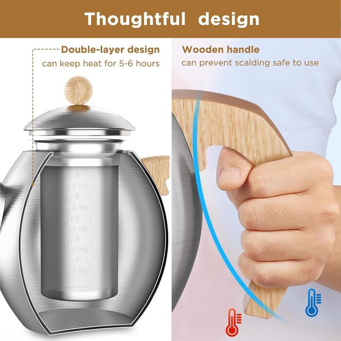 Glass teapot with stainless steel (silver color) 1200ml with 18/8 stainless steel tea strainer tea maker Suitable for tea warmer