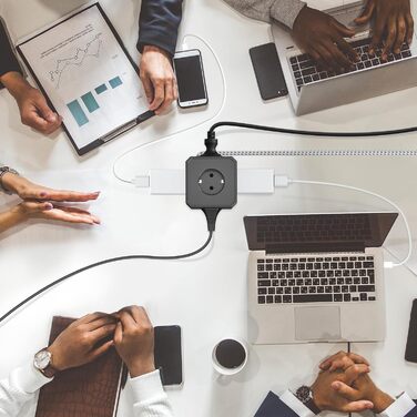 Блок розеток з USB-C, 4 розетки, плоский штекер, індивідуальне вмикання, багатофункціональна розетка-куб з 2м плетеним кабелем для офісу, дому, подорожей - Білий