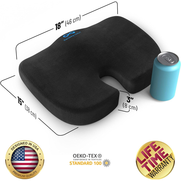 Подушка для сидіння Everlasting Comfort: ергономічна, з Memory Foam для офісу, авто та дому. Підходить для офісного крісла та автосидіння. Зручна, знімний водонепроникний чохол, нековзна основа. Чорна.