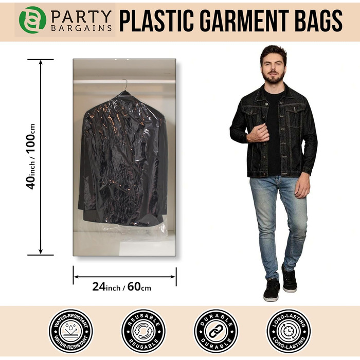 Прозорі пластикові чохли для одягу Party Bargains 63,5x101,6 см, 100 шт, 80 мкм, для хімчистки, пралень, захист костюмів, суконь, пальт, уніформи