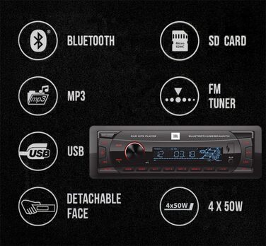 Автомобільна магнітола JBL Celebrity 100 Bluetooth, 1 DIN, 4x50Вт, без CD, FM-радіо, USB, SD, AUX, знімна панель, гучний зв'язок, Harman Kardon