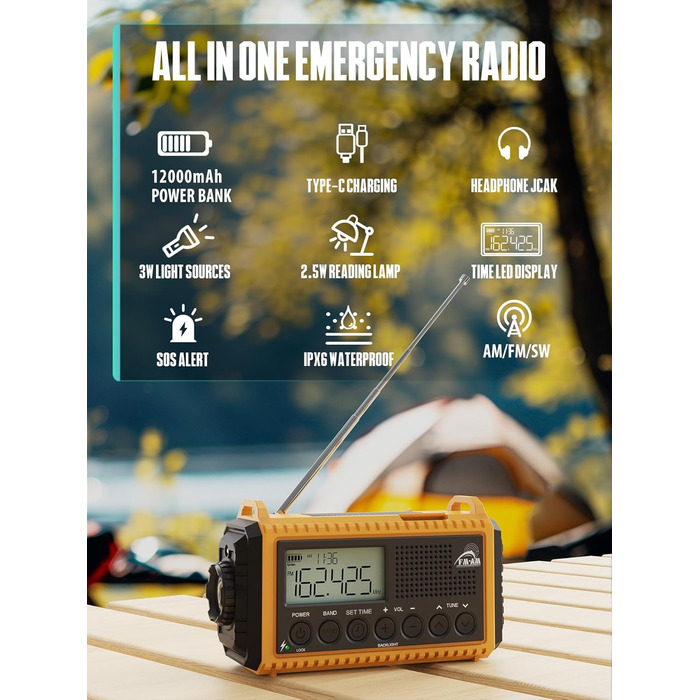 Радіо на батареї 12000mAh з ручним генератором та сонячною панеллю | AM/FM/SW, SOS, USB-C, IPX4, ліхтарик, для кемпінгу та відпочинку на природі, жовте