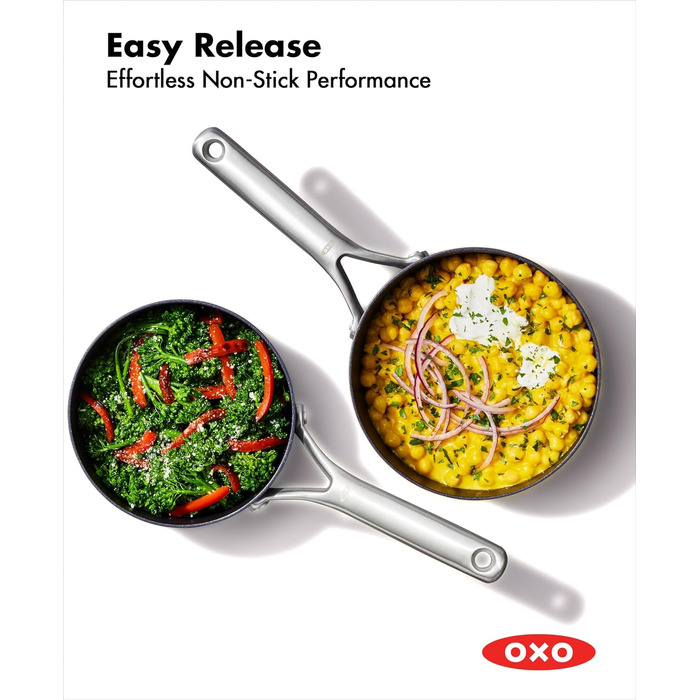 Набір кухонного посуду OXO Professionelles 5-piece з керамічним покриттям, індукційний, з нержавіючої сталі, без PFAS, діамантова обробка, для посудомийної машини (2.3QT та 1.7QT каструлі з кришками)