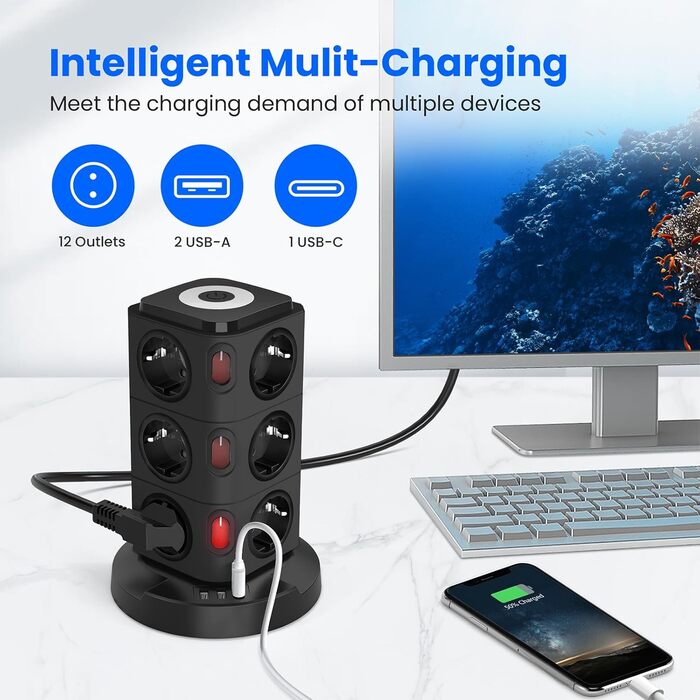 Багаторозеткова станція Acodot Tower з USB, 12 розеток, захист від перенапруги, 4 вимикачі, нічник, 3 USB-порти, кабель 3м, 2500W, для офісу, білий/чорний