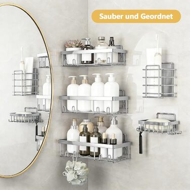 Підставка для душу без свердління, 5 шт. Тримач шампуню для душу з гачками, багаторазовий, самоклеючий, з нержавіючої сталі, органайзер для ванної кімнати, підходить для кухні, ванної, вітальні (сріблястий)