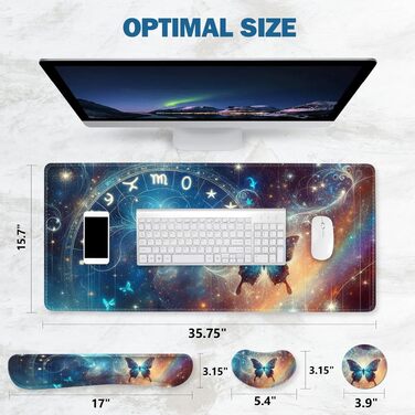 Набір килимків для миші та клавіатури ToLuLu XXL (90x40 см) з підставкою під зап'ястя, протиковзний килимок для робочого столу з мереживним дизайном «Блискіткий метелик», 4 предмети