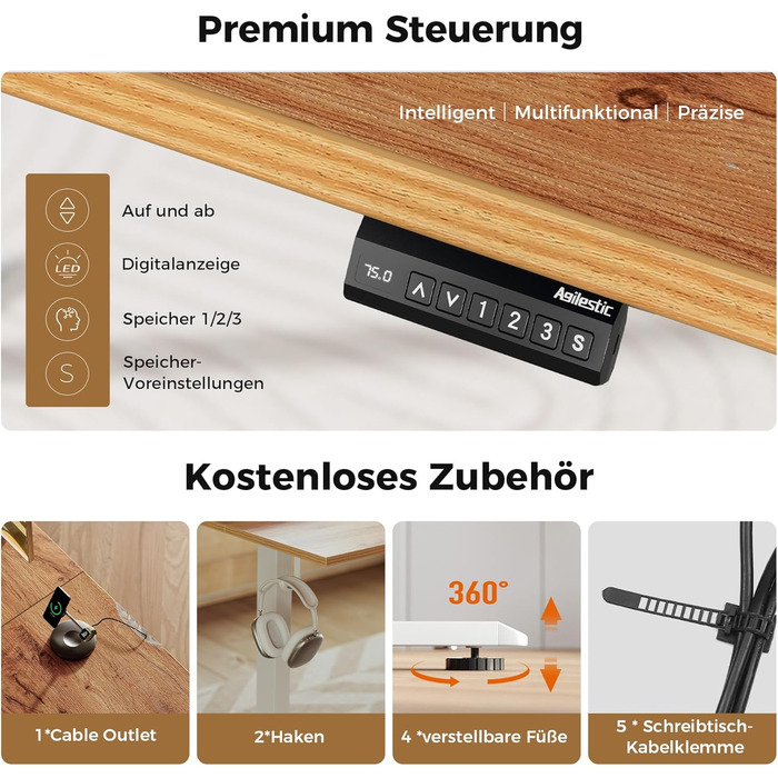 Електричний кутовий стіл Agilestic з регулюванням висоти, 160 x 140 см, світло-коричневий