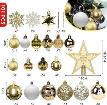 Набір прикрас на ялинку 101 шт. Золоті ялинкові кулі, ялинкова прикраса, набір ялинкових кульок, ялинкова зірка, матові та глянцеві, багаторазові, 3, 4, 6 см