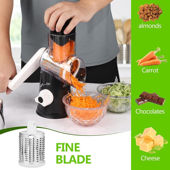 Ручна тертка для сиру та овочів Diealles Shine з ручкою, 3 змінні леза з нержавіючої сталі, для сиру, овочів, горіхів, кави