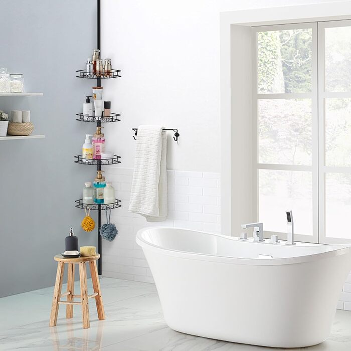 Hoomtaook Telescopic Shower Shelf, Shower Caddy Without Drilling Corner Stainless Steel Corner Shelf with 4 Shower Baskets, Telescopic Bathroom Shelf Height Adjustable 85-325cm for Bathroom and Kitchen, Black