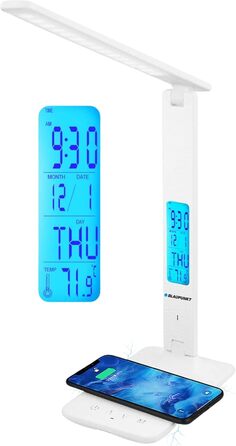 LED-лампа Blaupunkt настільна з бездротовим зарядним пристроєм, USB-порт, регулювання яскравості, 5 кольорів, гнучкий кріплення, для офісу та читання, LCD-дисплей (годинник, календар, термометр)