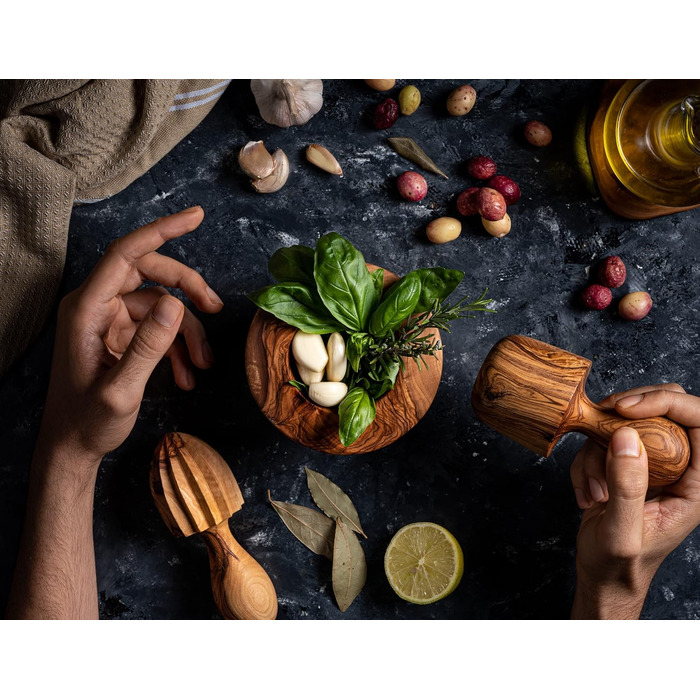 Olive Wood Mortar Set - Ø 12 cm, H 11 cm - Handmade, Ergonomic, Vintage, Eco-Friendly & Durable, Multifunctional, Decorative, Gift Idea (TH)