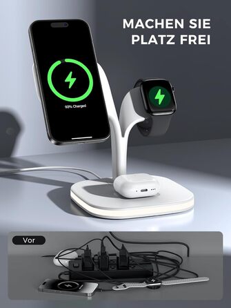 Зарядна станція 3-в-1 для Apple Watch та iPhone з MagSafe, білий колір. Підходить для iPhone 17, 16, 15, 14, 13, 12 Series, Apple Watch 11, 10, 9, 8, 7, 6, 5, 4, 3, 2, SE, Ultra, AirPods Pro/4/3/2. Потужність: 20W.