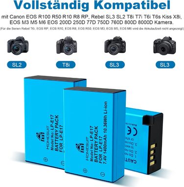 Набір акумуляторів Homesuit LP-E17 1400mAh 3шт. та зарядний пристрій LCD з USB для Canon EOS Rebel SL3, SL2, T8i, T7i, T6i, T6s, RP, M3, M5, M6, 200D, 77D, 750D, 760D, 800D, 8000D та інші моделі Canon