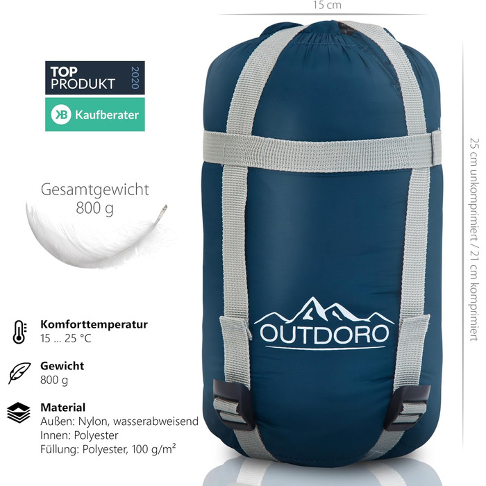 Легкий спальний мішок Outdoro 800g - компактний, теплий, для чоловіків та жінок, блакитний (ліва блискавка)