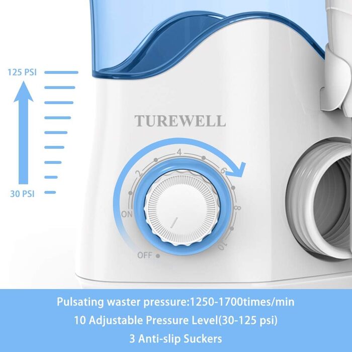 Електрична зубна іригатор TUREWELL, професійна модель з 10 рівнями тиску води, об'ємом 600 мл та 8 насадок, білий