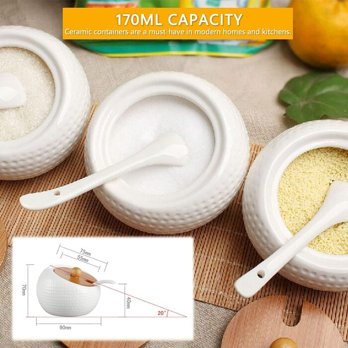 Набір керамічних баночок для спецій, 3 шт. з бамбуковими кришками, ложками та підставкою. Об'єм 170 мл. Підходять для кави, цукру, солі та спецій.