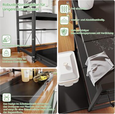 Регульована мікрохвильова полиця NETEL 2-ярусна, полиця над мікрохвильовою піччю, підставка для мікрохвильовки, кухонна полиця для стільниці, полиці для випічки, кухонна полиця з тримачем для напоїв та кошиком, чорна, висувна 40-60 см (3-ярусна з 2 тримач