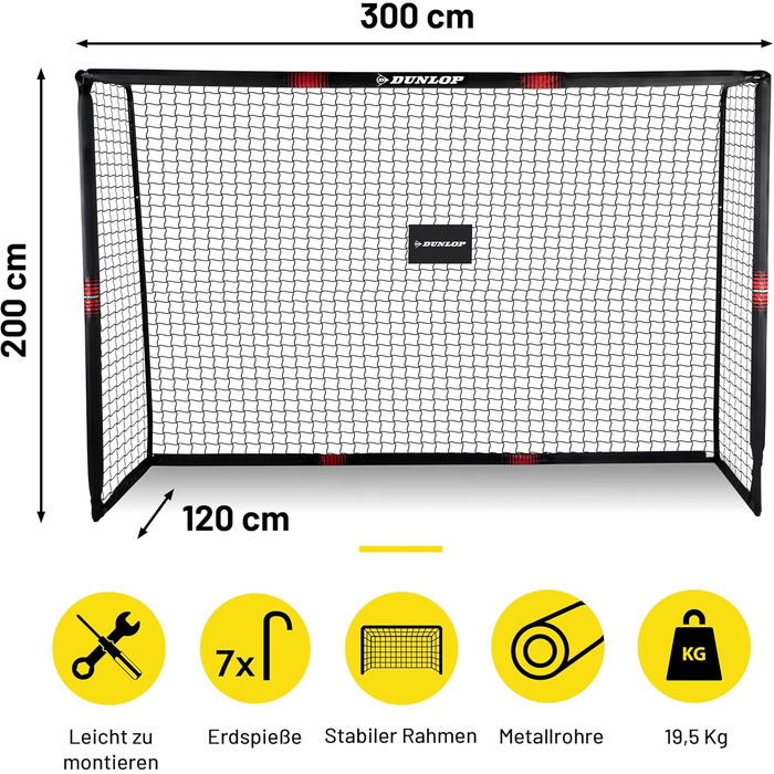 Ворота футбольні Dunlop 240x160x85/120x300x200 см, метал, для тренувань, всі вікові групи, проста збірка (чорний/червоний)