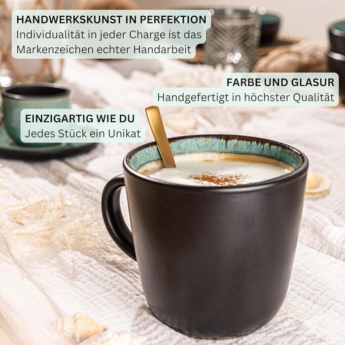 Набір кавових чашок Sänger Fiji на 6 осіб (430 мл), 6 шт. | Стеклокерамика, для кави та чаю, зелені, мікрохвильова піч, посудомийна машина