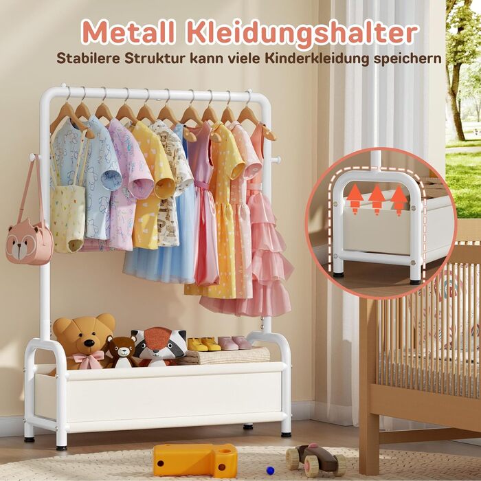 Дитяча вішалка для одягу Kinder Garderobe 80x30x125 см, біла. З гачками та кошиком для зберігання, U-подібна основа.