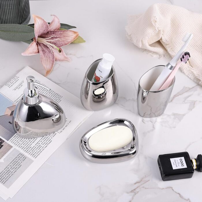 XYQXYQ Elegant 4-Piece Galvanized Ceramic Bathroom Set, featuring a lotion dispenser, mouth rinse cup, soap dish, and toothbrush holder, modern bathroom decoration set (white) (silver)