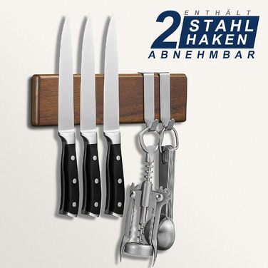 ENOKING Magnetic Knife Strip 26 cm, Magnetic Knife Block without Knives, Magnetic Knife Holder made of Acacia Wood with 2 Hooks