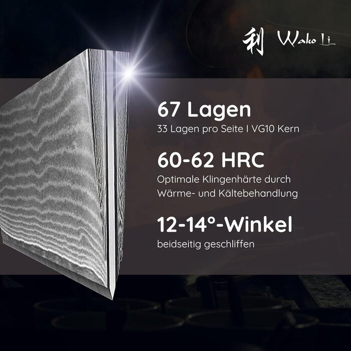Набір кухонних ножів Wakoli EDIB Damast: 4 ножі з дамаської сталі (67 шарів) з VG10 серцем та дерев'яною ручкою. Включає: Сантоку, Офісний ніж, Ніж для м'яса. У подарунковій коробці.