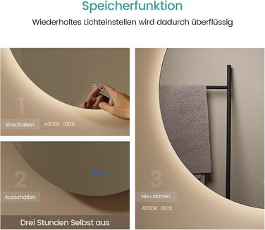 Дзеркало для ванної кімнати EMKE круглої форми з підсвічуванням 80 см - з 3 кольорами світла, регулюванням яскравості, сенсорним керуванням, функцією пам'яті, енергозберігаюче. Ванне кімнати та настінне дзеркало (60 см x 60 см)